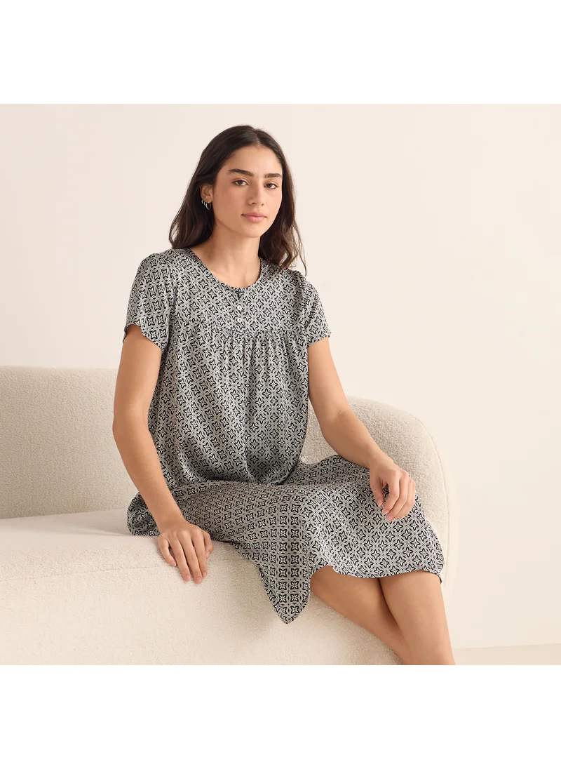 سبلاش فيڤ All-Over Print Night Dress with Round Neck and Short Sleeves