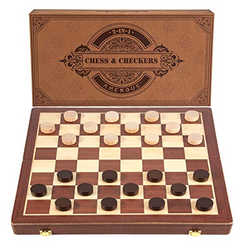 AMEROUS 15 Inches Magnetic Wooden Chess Checkers Set 2 in 1 Folding Board Gift Box Packed 24 Cherkers Pieces 2 Extra Queens Beginner Chess Set for Kids and Adults - Image 5