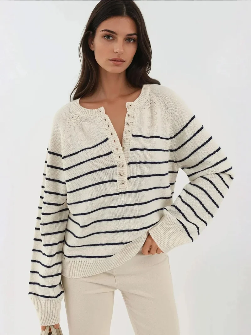 Button Detailed Striped Loose Fit Sweater