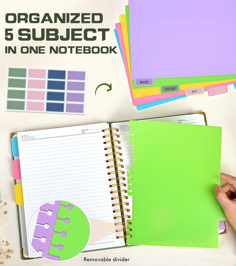 PAPEJOON 5 Subject Spiral Notebook Journal with Removable Dividers Tabs, 300 Pages Organizer Notebooks for Work School, 8"x10" Hardcover Leather Notebook College Ruled, Large Lined Journal for Women Men,Green - Image 4