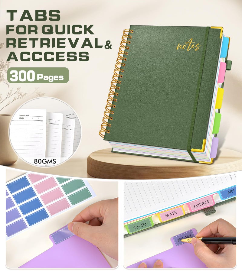 PAPEJOON 5 Subject Spiral Notebook Journal with Removable Dividers Tabs, 300 Pages Organizer Notebooks for Work School, 8"x10" Hardcover Leather Notebook College Ruled, Large Lined Journal for Women Men,Green - Image 5
