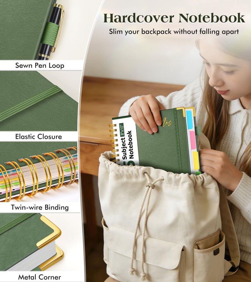 PAPEJOON 5 Subject Spiral Notebook Journal with Removable Dividers Tabs, 300 Pages Organizer Notebooks for Work School, 8"x10" Hardcover Leather Notebook College Ruled, Large Lined Journal for Women Men,Green - Image 2