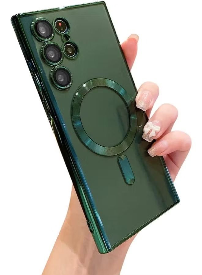 Compatible for For Samsung Galaxy S23 Ultra Case Magnetic Clear with Camera Lens Protector Full Protection MagSafe Electroplated Silicone Slim Fit Shockproof Protective Case Cover Green