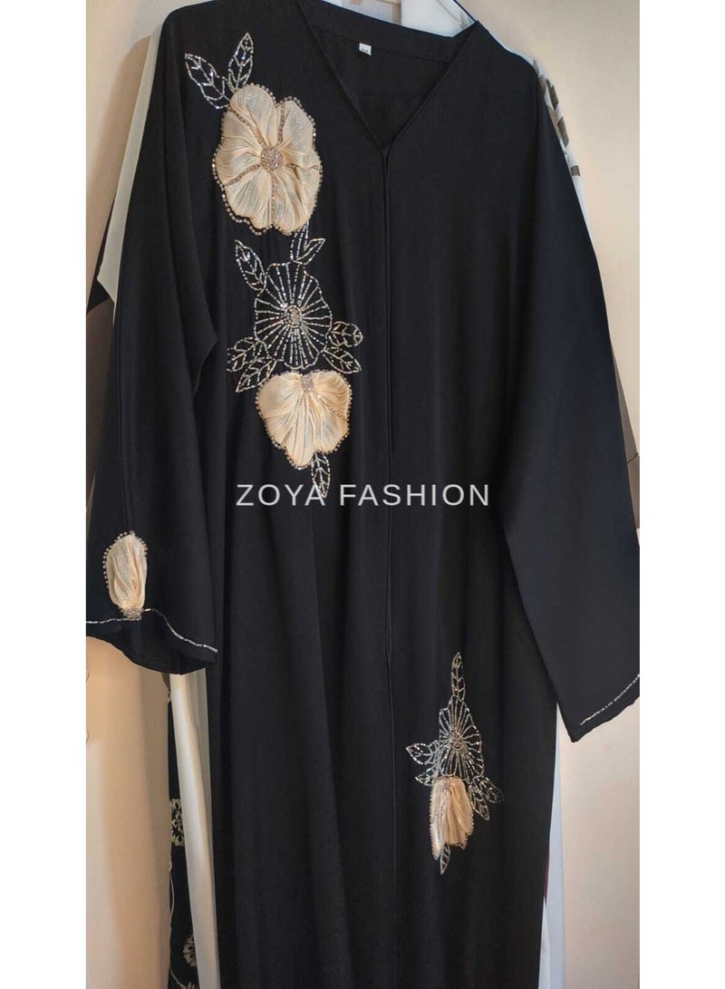 عباية فاخرة بتطريز زهور ثلاثية الأبعاد وأحجار كريستالية - Image 2