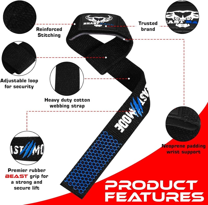 BEAST RAGE Weight Lifting Straps Fitness Padded Cotton Wrist Support Gel Advanced Grips Dumbbell Bar Wraps Heavy Duty Gym Bodybuilding Straps Power Deadlift Barbells Non Slip Exercise - Image 5