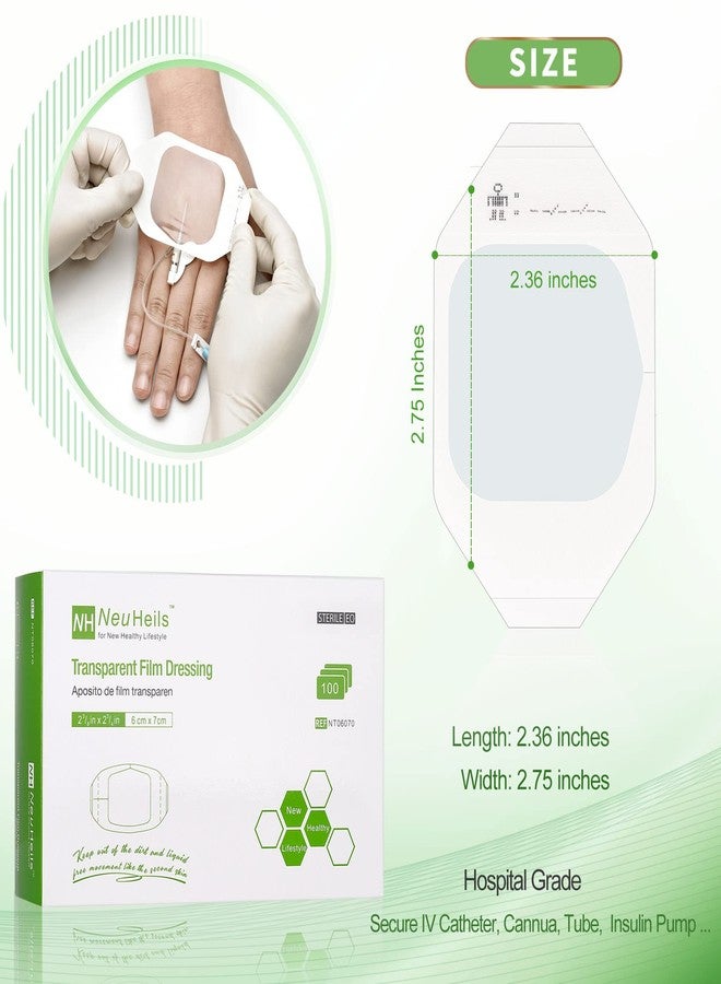 NeuHeils Transparent Film Dressing 2 3/8'' x 2 3/4'', 100 Pack, Waterproof Wound Cover Bandage, Clear IV Catheter Tape, Adhesive Patch, Shower Shield - Image 2