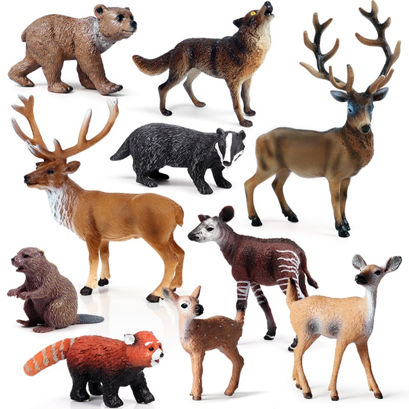 SCAHOW Forest Animal Toys Figures 10PCS Plastic Woodland Animal Figurines for Cake Topper Realistic Miniature Wild Creature Toys Set with Elk Deer Wolf Bear etc - Image 3