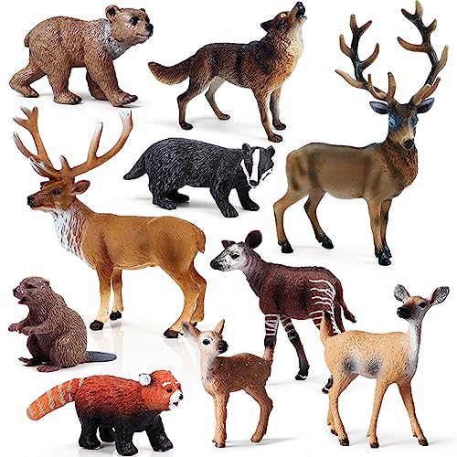 SCAHOW Forest Animal Toys Figures 10PCS Plastic Woodland Animal Figurines for Cake Topper Realistic Miniature Wild Creature Toys Set with Elk Deer Wolf Bear etc - Image 1