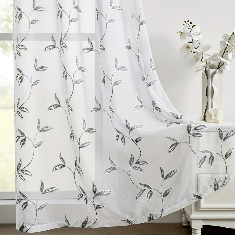 White With Black Semi Sheer Embroidered Curtain 132x160 for Living Room - Image 4
