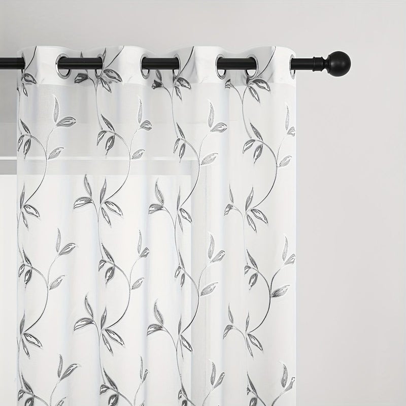 White With Black Semi Sheer Embroidered Curtain 132x160 for Living Room - Image 3