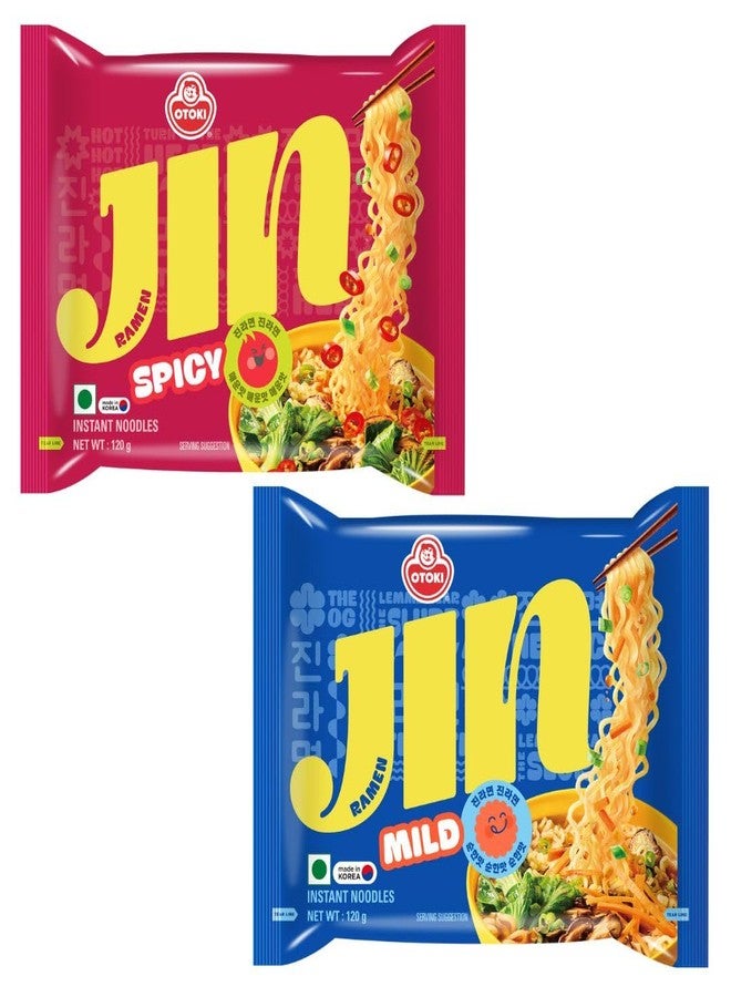 Ottogi Jin Ramen Korean Style Instant Noodles (Spicy & Mild Flavor) 120g each, Pack of 2 (240g) | Veg & Authentic Korean Ramen Noodle | The Product of Korea - Image 1
