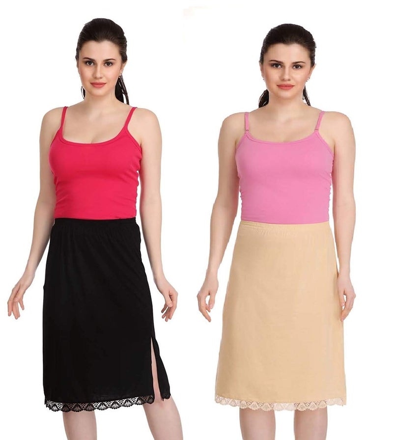 Splash Cotton Rich Regular Skirt Slip for Women - Knee Length - Black+Beige - 2XL - Image 1