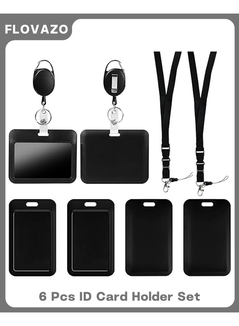 FLOVAZO 6 Pcs ID Card Holder Set with Retractable Reel & Adjustable Lanyard for Work, School, Office - Professional Badge Holder with Clear Window & Card Slots, Unisex Corporate Gift (Black) - Image 1