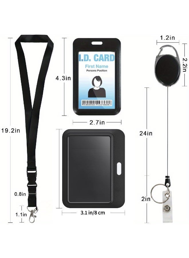 FLOVAZO 6 Pcs ID Card Holder Set with Retractable Reel & Adjustable Lanyard for Work, School, Office - Professional Badge Holder with Clear Window & Card Slots, Unisex Corporate Gift (Black) - Image 2