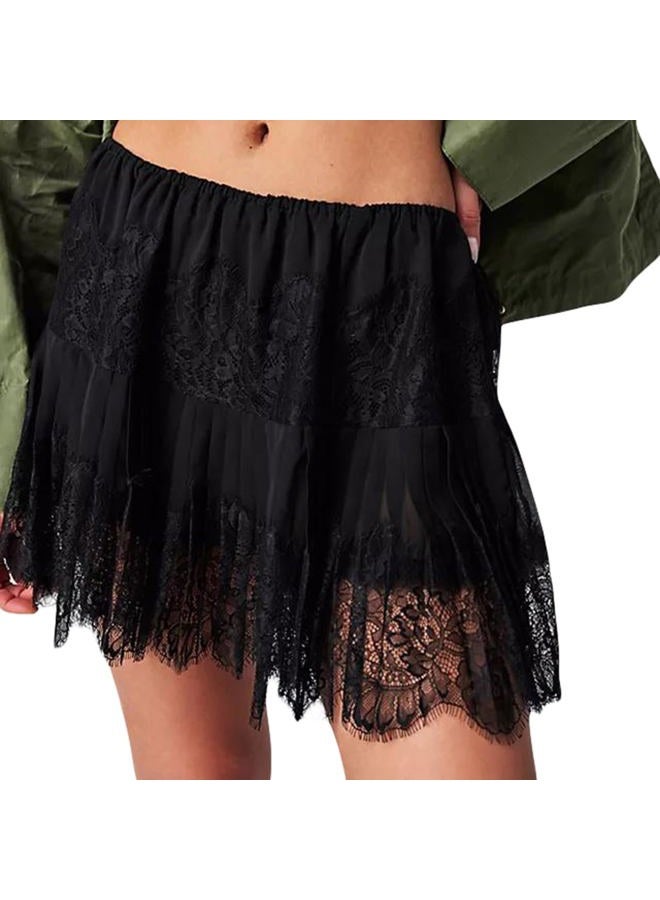 Nicoxijia Women's Y2k Lace Half Slip Skirt Low Rise Pleated Ruffle LaceTrim Mini Skirt Layered Flowy Short Skirts Underskirt, Black, Large - Image 1