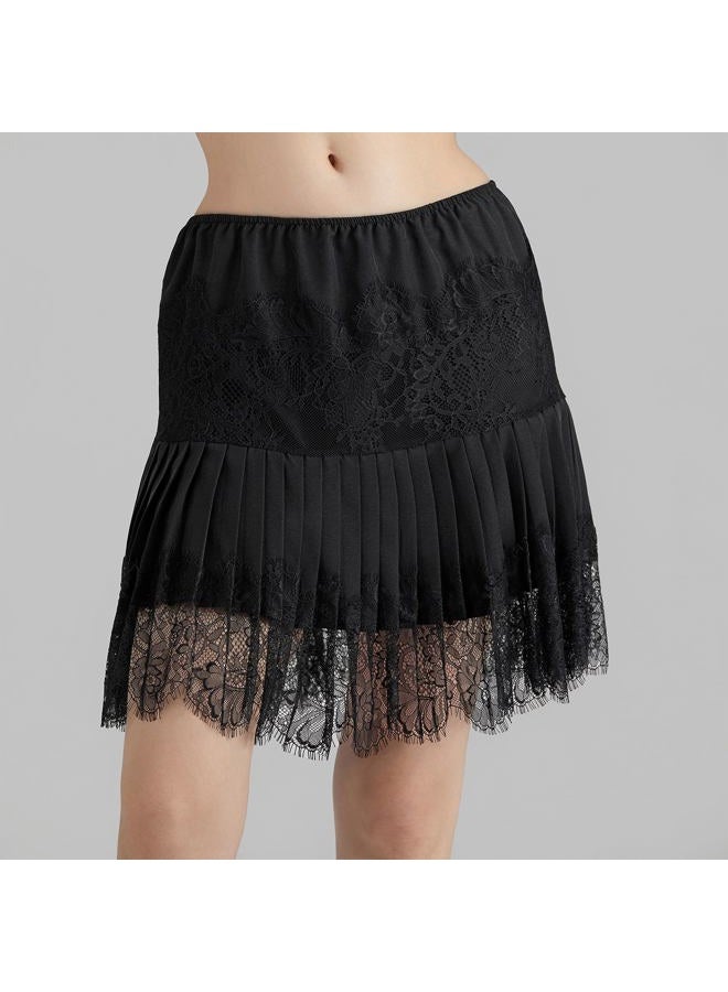 Nicoxijia Women's Y2k Lace Half Slip Skirt Low Rise Pleated Ruffle LaceTrim Mini Skirt Layered Flowy Short Skirts Underskirt, Black, Large - Image 2