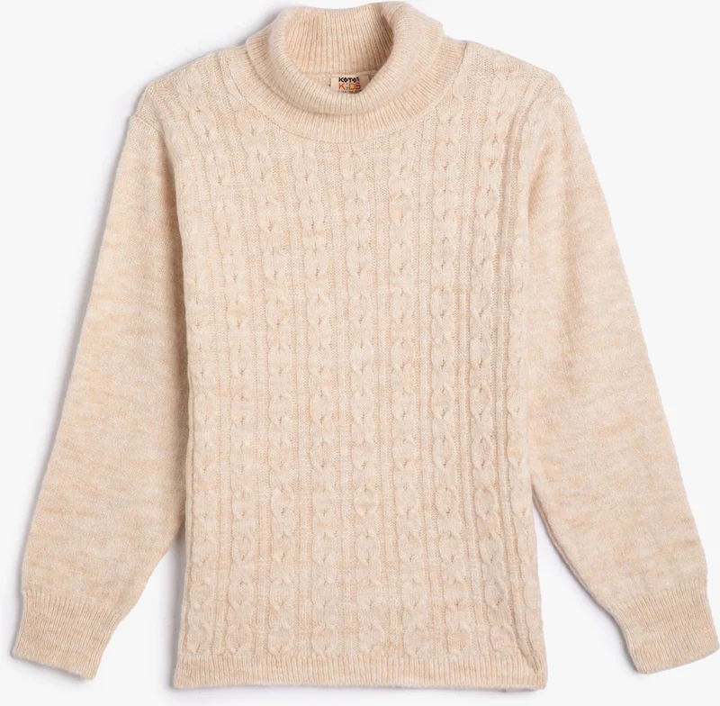 كوتون Turtleneck Sweater Hair Braid Detailed Long Sleeve Soft Textured