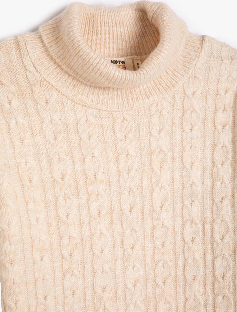 كوتون Turtleneck Sweater Hair Braid Detailed Long Sleeve Soft Textured