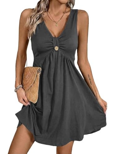 Acelitt Womens Casual Fashion 2026 Summer V Neck Sleeveless Mini Dress High Waisted Ruffle A Line Dresses Sundresses Dark Gray Large - Image 1