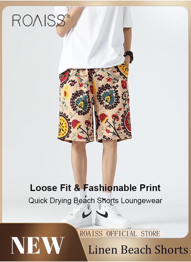 roaiss - Plus Size Men Cotton Linen Shorts Youth Printed Beach Boxer Brief Comfortable and Loose-Fitting Swim Trunks for Summer Casual Sports and Relaxation - Image 1