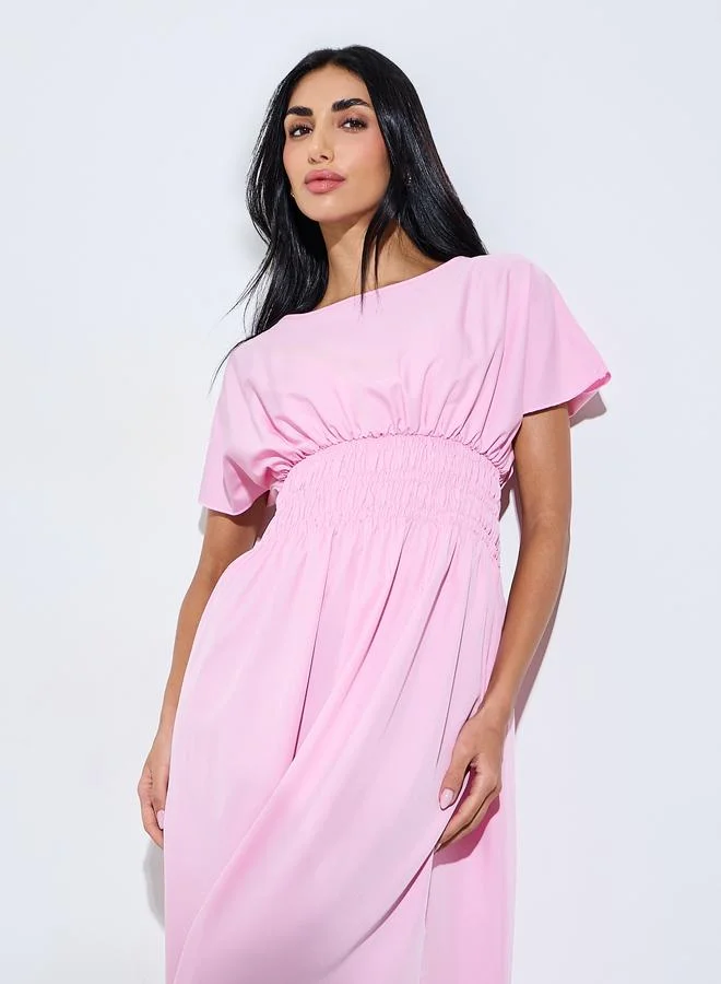 Styli  Pink Solid Ruched Waist A-Line Maxi Dress for Women | Best Price UAE