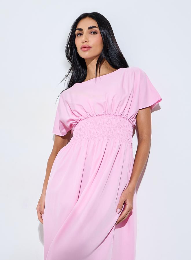 Styli Pink Solid Ruched Waist A-Line Maxi Dress - Image 2