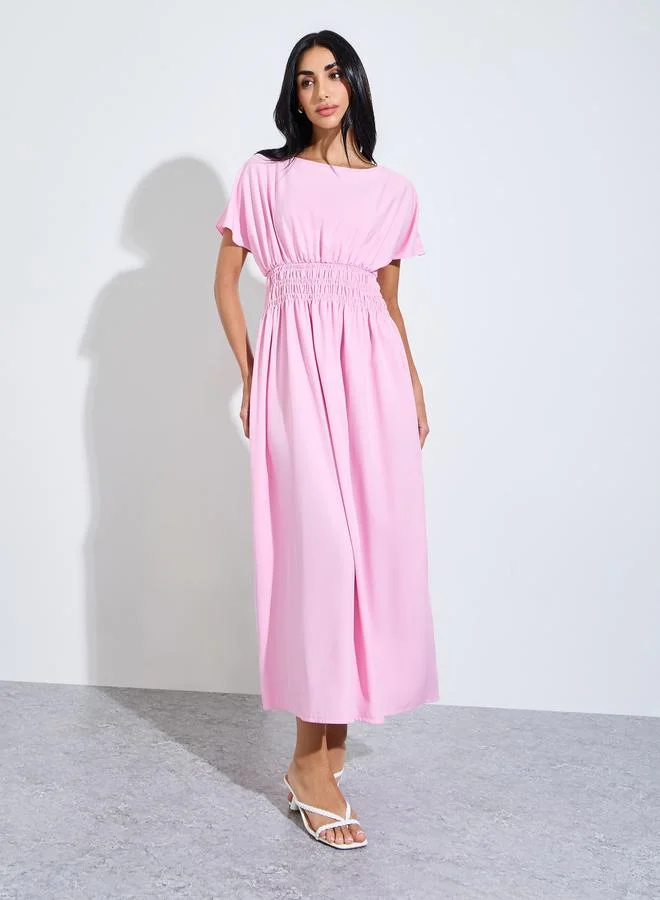 Pink Solid Ruched Waist A-Line Maxi Dress