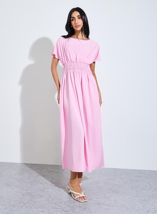 Styli Pink Solid Ruched Waist A-Line Maxi Dress - Image 1