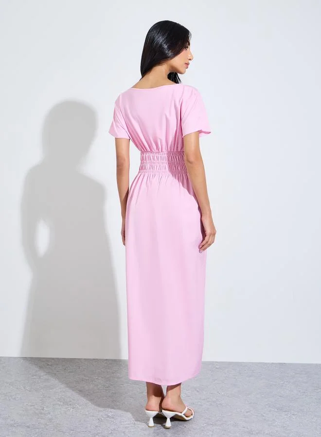 Styli  Pink Solid Ruched Waist A-Line Maxi Dress for Women | Best Price UAE