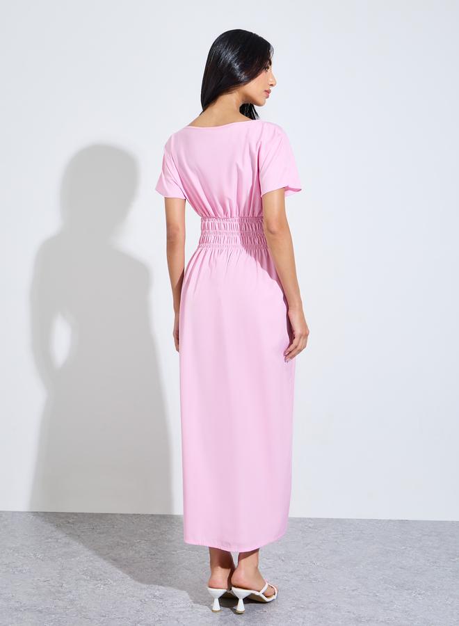 Styli Pink Solid Ruched Waist A-Line Maxi Dress - Image 3