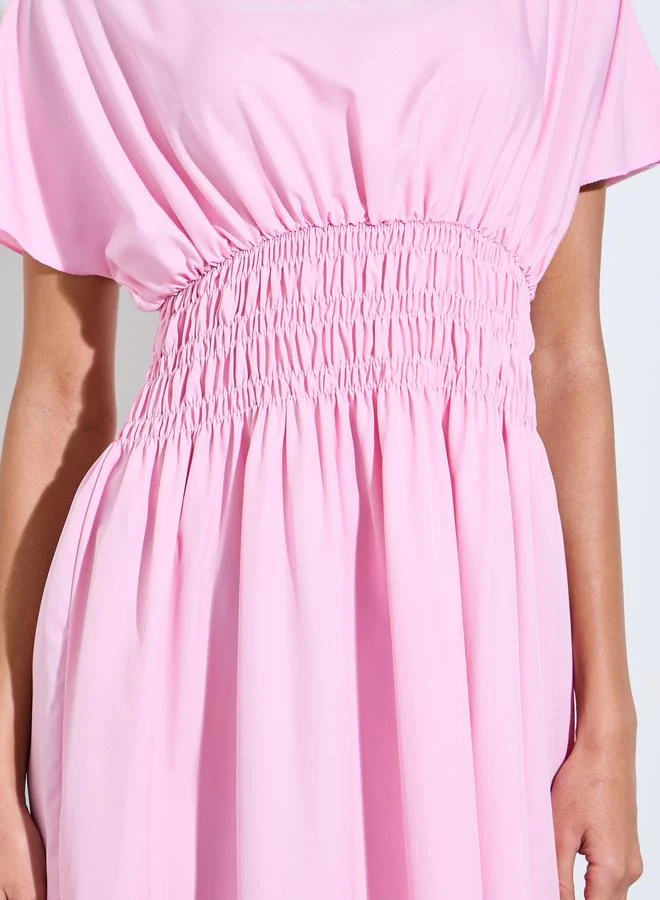 Styli  Pink Solid Ruched Waist A-Line Maxi Dress for Women | Best Price UAE
