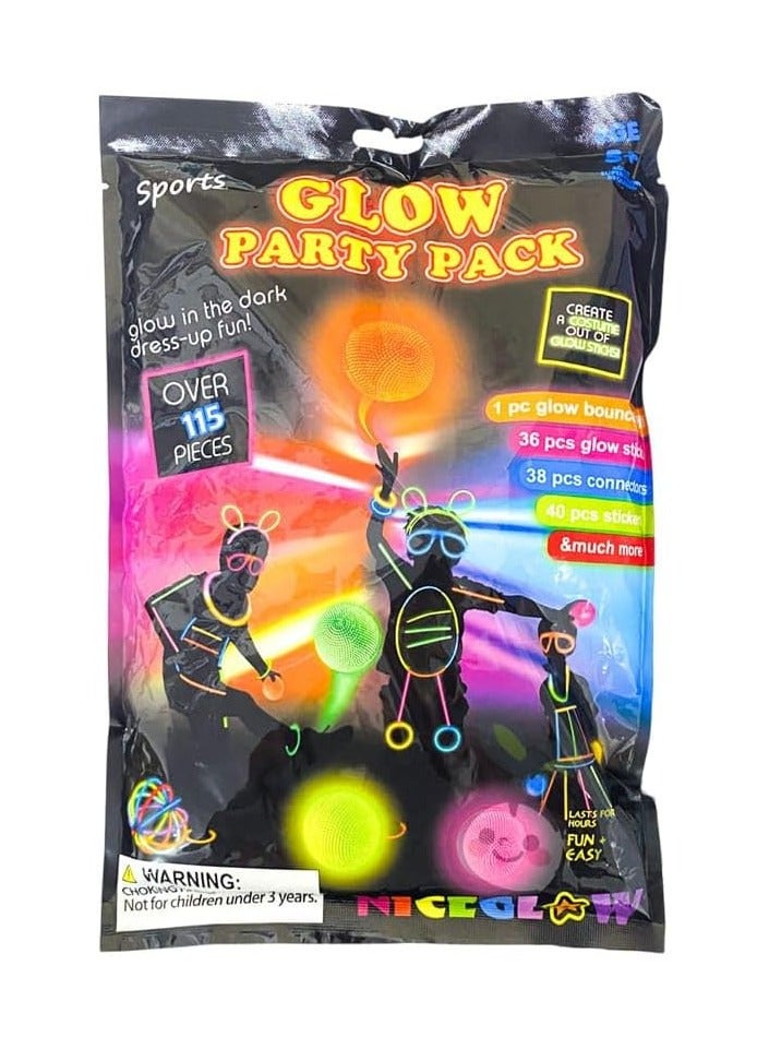 MOMENT Glow Party Pack - 115+ Pieces | Glow Sticks, Connectors, Glow Bouncy Ball & Stickers | Glow in The Dark Party Favors for Kids & Adults, Birthday, Festival & Events