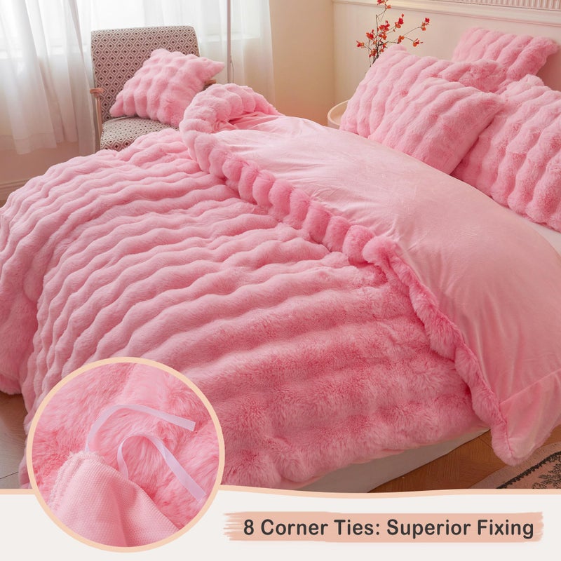 LIFEREVO Fluffy Faux Rabbit Fur Duvet Cover Set, Cute Plush Shaggy Bubble Waffle Bedding Set Adult Girls Kids Teens, 1 Fuzzy Bed Comforter Cover + 2 Furry Pillowcases, Zipper Closure, Pink, Queen Size - Image 5