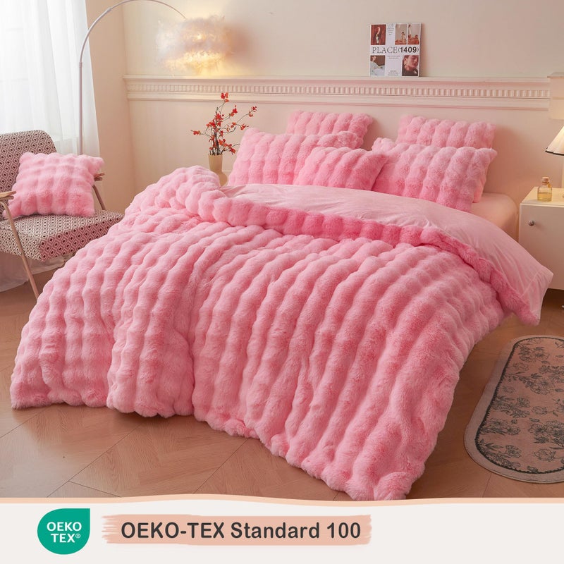 LIFEREVO Fluffy Faux Rabbit Fur Duvet Cover Set, Cute Plush Shaggy Bubble Waffle Bedding Set Adult Girls Kids Teens, 1 Fuzzy Bed Comforter Cover + 2 Furry Pillowcases, Zipper Closure, Pink, Queen Size - Image 4
