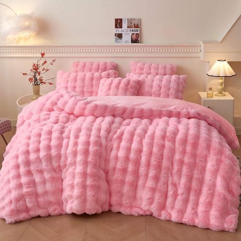 LIFEREVO Fluffy Faux Rabbit Fur Duvet Cover Set, Cute Plush Shaggy Bubble Waffle Bedding Set Adult Girls Kids Teens, 1 Fuzzy Bed Comforter Cover + 2 Furry Pillowcases, Zipper Closure, Pink, Queen Size - Image 1