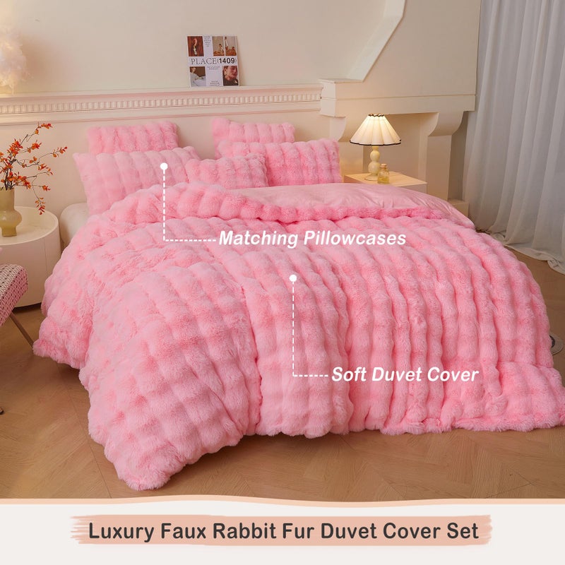 LIFEREVO Fluffy Faux Rabbit Fur Duvet Cover Set, Cute Plush Shaggy Bubble Waffle Bedding Set Adult Girls Kids Teens, 1 Fuzzy Bed Comforter Cover + 2 Furry Pillowcases, Zipper Closure, Pink, Queen Size - Image 2