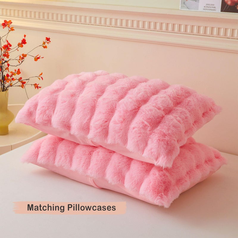 LIFEREVO Fluffy Faux Rabbit Fur Duvet Cover Set, Cute Plush Shaggy Bubble Waffle Bedding Set Adult Girls Kids Teens, 1 Fuzzy Bed Comforter Cover + 2 Furry Pillowcases, Zipper Closure, Pink, Queen Size - Image 3