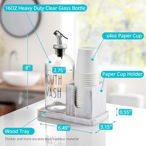 Bivvclaz Glass Mouthwash Dispenser for Bathroom, 16 OZ Mouthwash Dispenser with Pour Spout and White Washed Wood Cup Holder and Tray, Mouth Wash Bottle Container, Rustic Kitchen Bathroom Decor and Accessories - Image 3