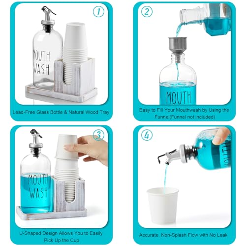 Bivvclaz Glass Mouthwash Dispenser for Bathroom, 16 OZ Mouthwash Dispenser with Pour Spout and White Washed Wood Cup Holder and Tray, Mouth Wash Bottle Container, Rustic Kitchen Bathroom Decor and Accessories - Image 4