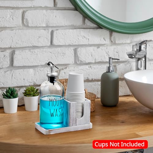 Bivvclaz Glass Mouthwash Dispenser for Bathroom, 16 OZ Mouthwash Dispenser with Pour Spout and White Washed Wood Cup Holder and Tray, Mouth Wash Bottle Container, Rustic Kitchen Bathroom Decor and Accessories - Image 2