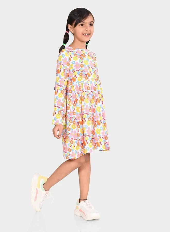 Bonkids Girl's White & Multicolour 100% Cotton Printed Regular Fit Dress