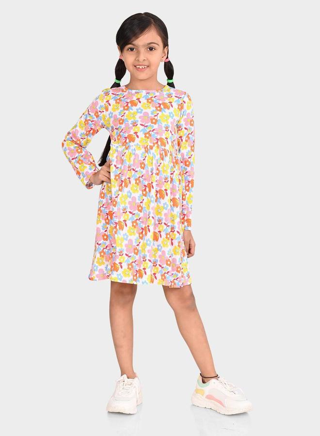 Bonkids Girl's White & Multicolour 100% Cotton Printed Regular Fit Dress - Image 1