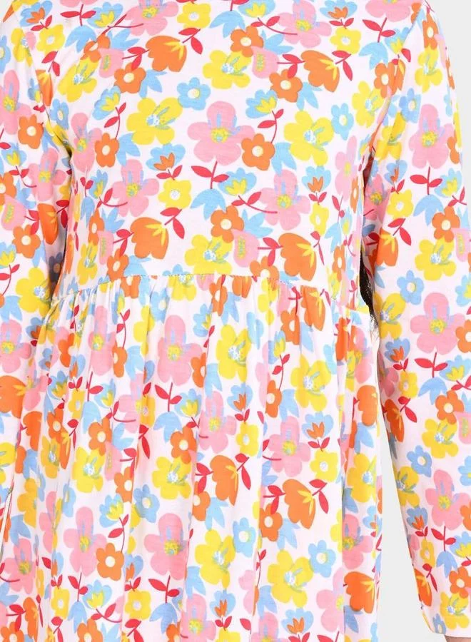Bonkids Girl's White & Multicolour 100% Cotton Printed Regular Fit Dress