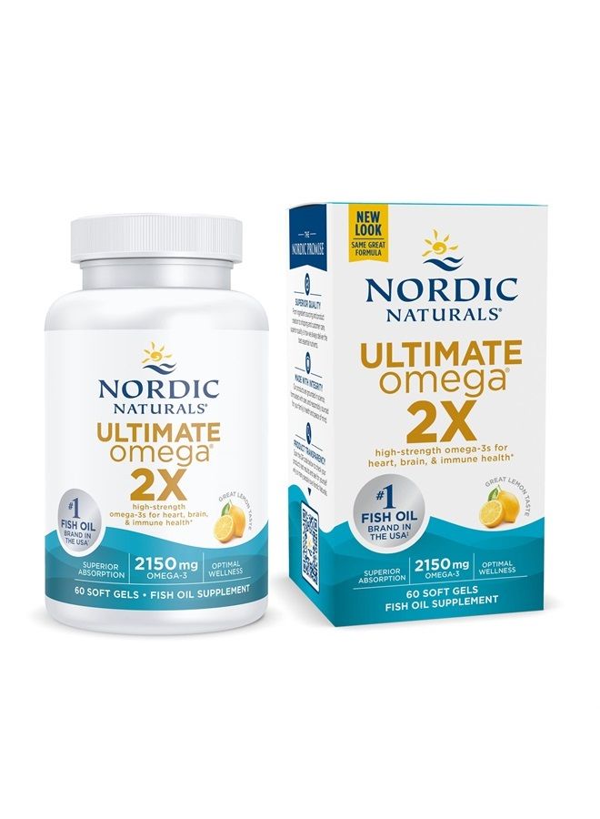 NORDIC NATURALS Ultimate Omega 2X, Lemon Flavor - 60 Soft Gels - 2150 mg Omega-3 - High-Potency Omega-3 Fish Oil with EPA & DHA - Promotes Brain & Heart Health - Non-GMO - 30 Servings  - Image 1