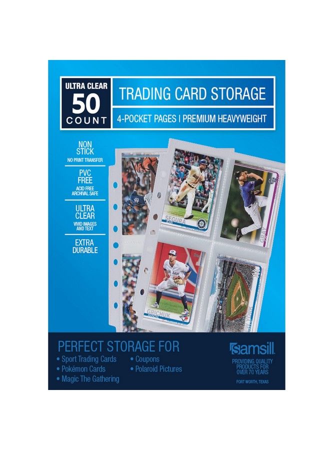 Samsill 4 Pocket Trading Card Sleeve Protectors 50 Pack Fits 3 Ring Mini Binders 200 Side Loading Pockets Holds 2.5 X 3.5 Inch Cards Game Cards Business Cards Sport Cards  - Image 1