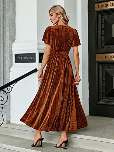 Simplee Apparel Simplee Women’s Short Sleeve Velvet Maxi Dress V Neck Formal Dress(XL Earthy Orange) - Image 3