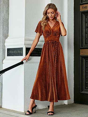 Simplee Apparel Simplee Women’s Short Sleeve Velvet Maxi Dress V Neck Formal Dress(XL Earthy Orange) - Image 2