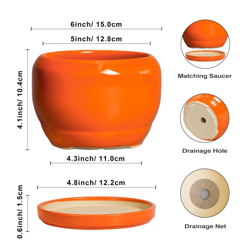 SQOWL Ceramic Plants Pots - 6 Inch Planter Indoor with Drainage Hole and Plant Saucer, Modern Round Planter Outdoor, Decorative Succulent Pot, Home Decor, Housewarming Gifts, Orange - Image 3