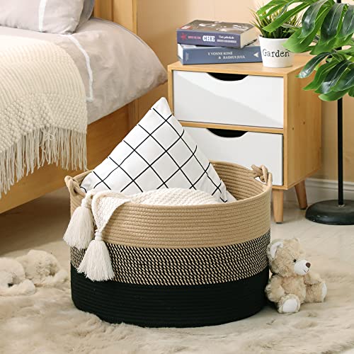KAKAMAY Large Blanket Basket (20"x13"),Woven Rope Baskets for storage Baby Laundry Hamper, Cotton Rope Blanket Basket for Living Room, Laundry, Nursery, Pillows,Baby Toy chest (Jute/Black) - Image 4