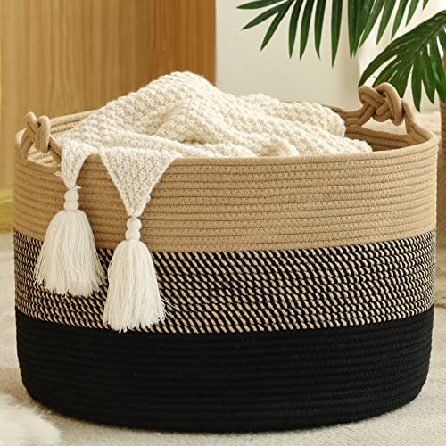 KAKAMAY Large Blanket Basket (20"x13"),Woven Rope Baskets for storage Baby Laundry Hamper, Cotton Rope Blanket Basket for Living Room, Laundry, Nursery, Pillows,Baby Toy chest (Jute/Black) - Image 1